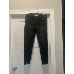 KanCan Mid Rise Tapered Leg Jeans Size 15/31 Black Wash Stretch Denim Frayed Hem